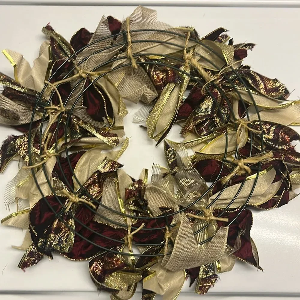 Handmade Dark Red Tan Gold Holiday Christmas Ribbon Twine Wreath Made on 12”